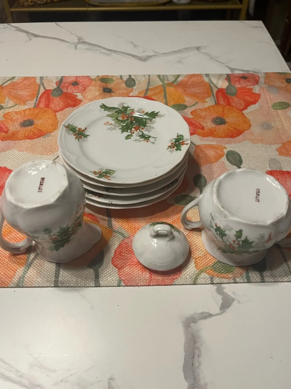 Vintage Germany Christmas Holly Berry Dessert Plate Set Creamer Sugar Pot